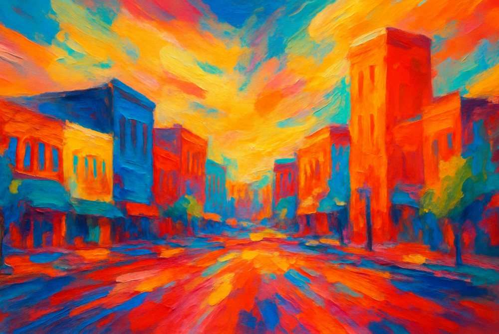 Abstract painting of downtown Stillwater, Oklahoma in vivid sunset colors with vibrant red, orange, blue, and yellow brushstrokes depicting historic buildings and a glowing sky in a 16:9 wide-aspect ratio.