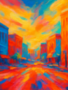 Abstract painting of downtown Stillwater, Oklahoma in vivid sunset colors with vibrant red, orange, blue, and yellow brushstrokes depicting historic buildings and a glowing sky in a 16:9 wide-aspect ratio.