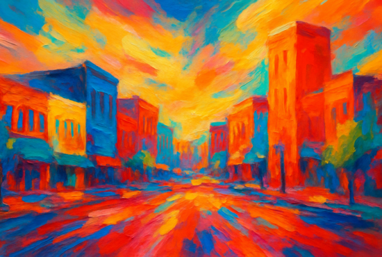Abstract painting of downtown Stillwater, Oklahoma in vivid sunset colors with vibrant red, orange, blue, and yellow brushstrokes depicting historic buildings and a glowing sky in a 16:9 wide-aspect ratio.