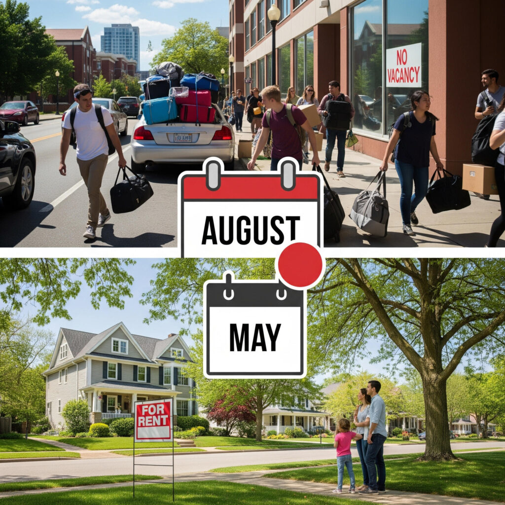 A collage showing the Stillwater housing market: the top half shows students moving in near OSU with a 'No Vacancy' sign, and the bottom half shows a family looking at a 'For Rent' house in a quiet neighborhood.