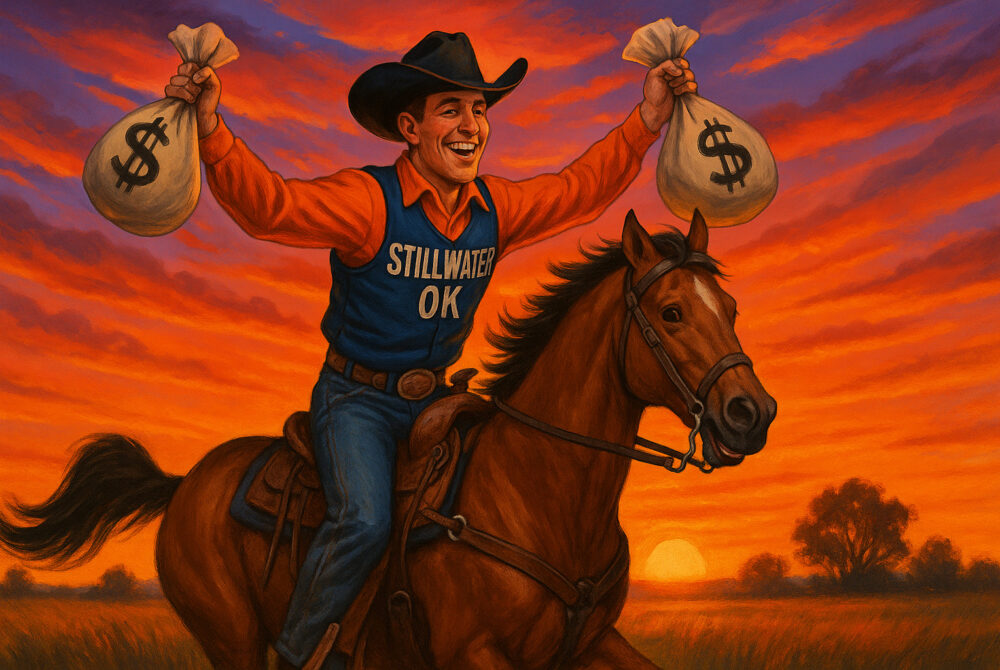 A joyful cowboy wearing Stillwater, OK clothing rides a horse through the Oklahoma plains at sunset, carrying bags of money in a vibrant Western scene