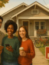 A cheerful, diverse group of three renters—two women and one man—stand in front of a charming rental house representing homes for rent in Stillwater OK. They hold a clipboard, smartphone, and coffee cup, with a visible "For Rent" sign, porch swing, red bicycle, and OSU decal nearby, all set against a warm, tree-lined neighborhood backdrop in late summer.