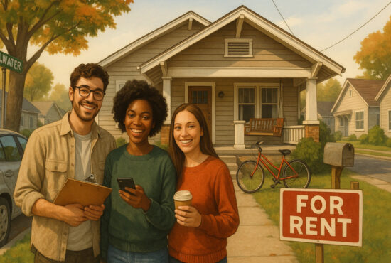 A cheerful, diverse group of three renters—two women and one man—stand in front of a charming rental house representing homes for rent in Stillwater OK. They hold a clipboard, smartphone, and coffee cup, with a visible "For Rent" sign, porch swing, red bicycle, and OSU decal nearby, all set against a warm, tree-lined neighborhood backdrop in late summer.