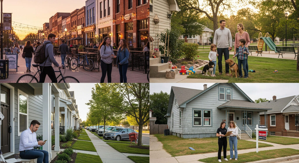 Homes for rent Stillwater OK: Editorial image showcasing four distinct rental neighborhood types in Stillwater, Oklahoma, including campus-adjacent living, family-friendly neighborhoods, professional-friendly areas, and up-and-coming districts, with warm lighting and authentic details.