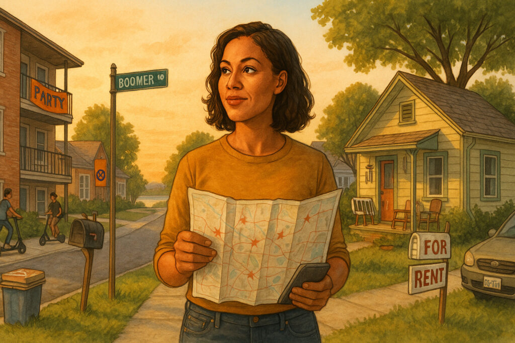 Young woman holding a map in front of a rental home in Stillwater, Oklahoma, symbolizing the search for homes for rent Stillwater OK in a quiet neighborhood at sunset