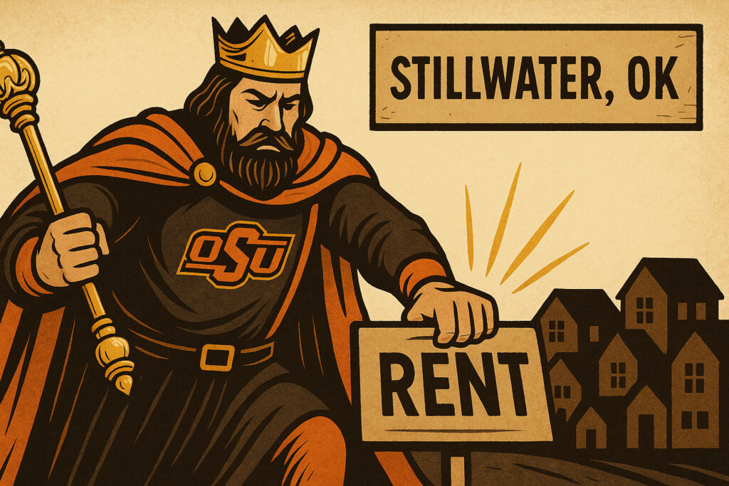 Illustration of a king symbolizing Oklahoma State University controlling the Stillwater housing market with a golden scepter, representing dominance over homes for rent Stillwater OK