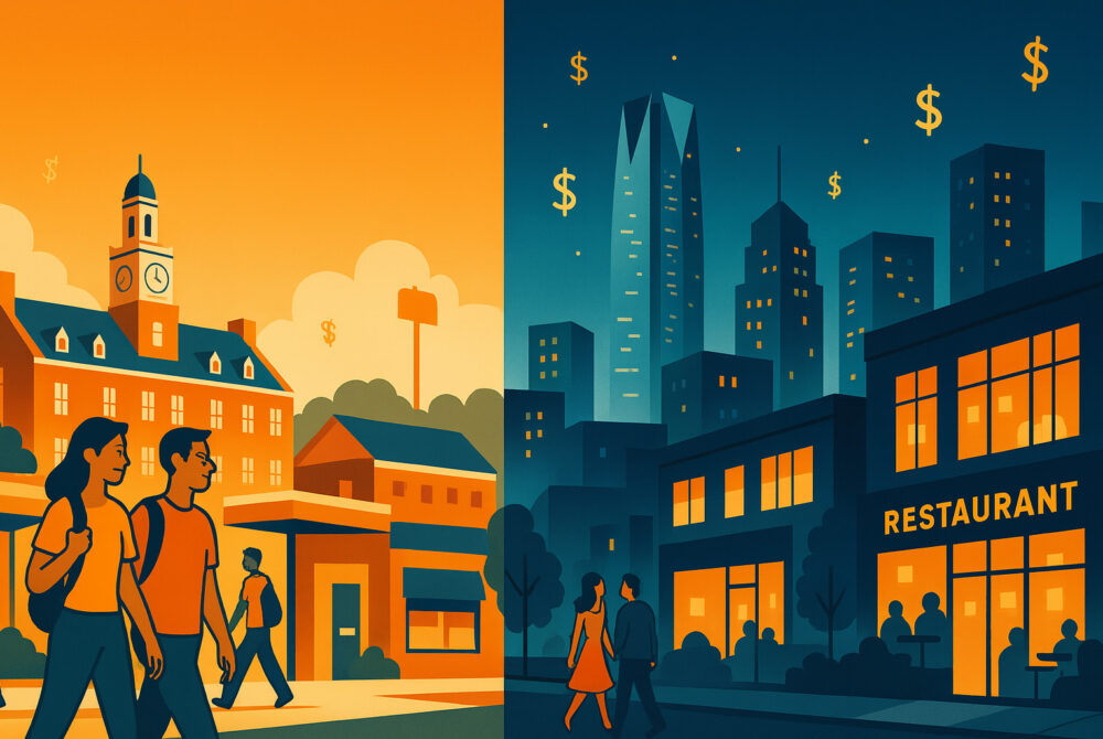 Split-screen illustration comparing the cost of living in Stillwater, OK and Oklahoma City, with visual elements showing small-town life versus urban lifestyle and pricing differences.