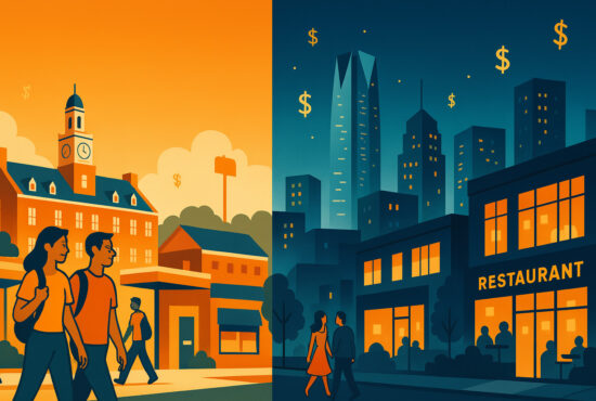 Split-screen illustration comparing the cost of living in Stillwater, OK and Oklahoma City, with visual elements showing small-town life versus urban lifestyle and pricing differences.