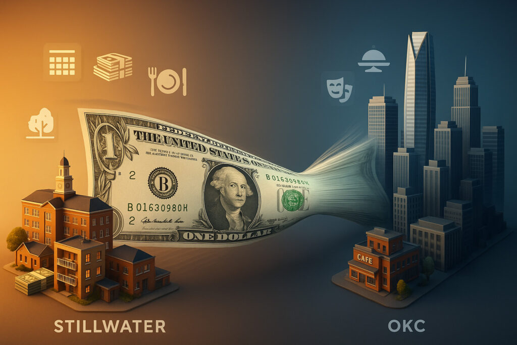 Photorealistic 3D infographic of a dollar bill stretched between Stillwater and OKC skylines, illustrating Stillwater vs OKC housing costs and lifestyle value.