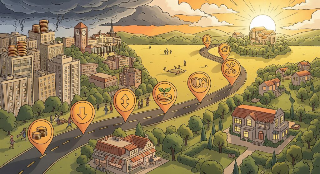 A minimalist infographic illustrating the journey of buying a home vs renting in Stillwater, OK, showing key milestones like closing costs, market swings, equity growth, taxes, and maintenance along a winding road.