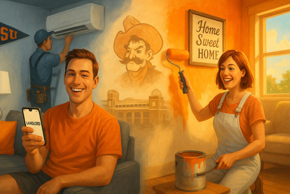 Illustrated split-screen of renting vs buying in Stillwater OK, showing renter in OSU orange apartment and homeowner painting living room OSU orange.