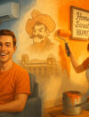 Illustrated split-screen of renting vs buying in Stillwater OK, showing renter in OSU orange apartment and homeowner painting living room OSU orange.