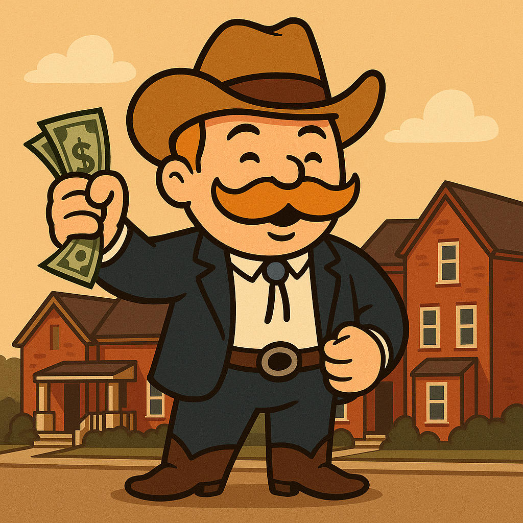 Cartoon cowboy with golden mustache holding cash while standing in front of Stillwater OK real estate homes downtown.
