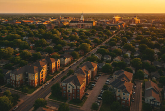 Aerial view of the Stillwater University District at golden hour, showcasing multi-family housing, tree-lined streets, and the Oklahoma State University campus in the background